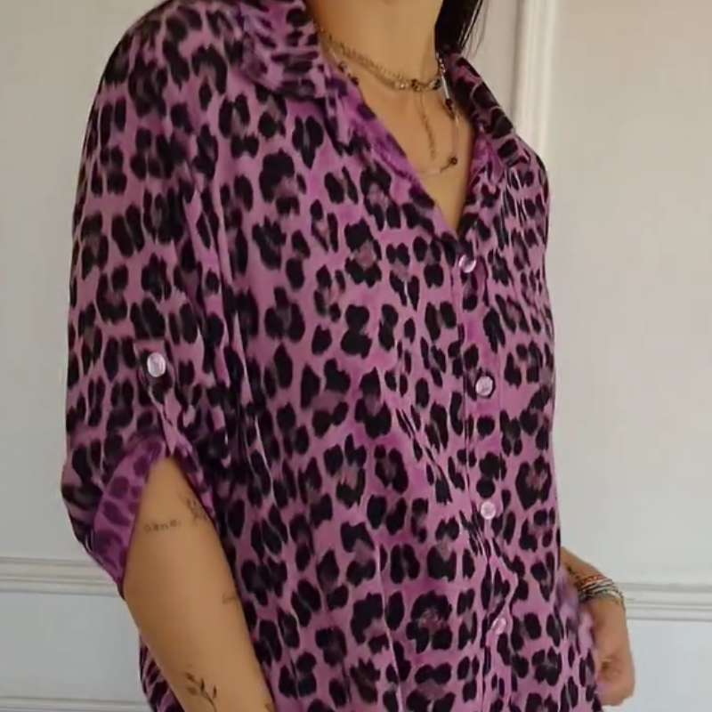 Leopard Print Collared Long Sleeve Button Front Blouse 7