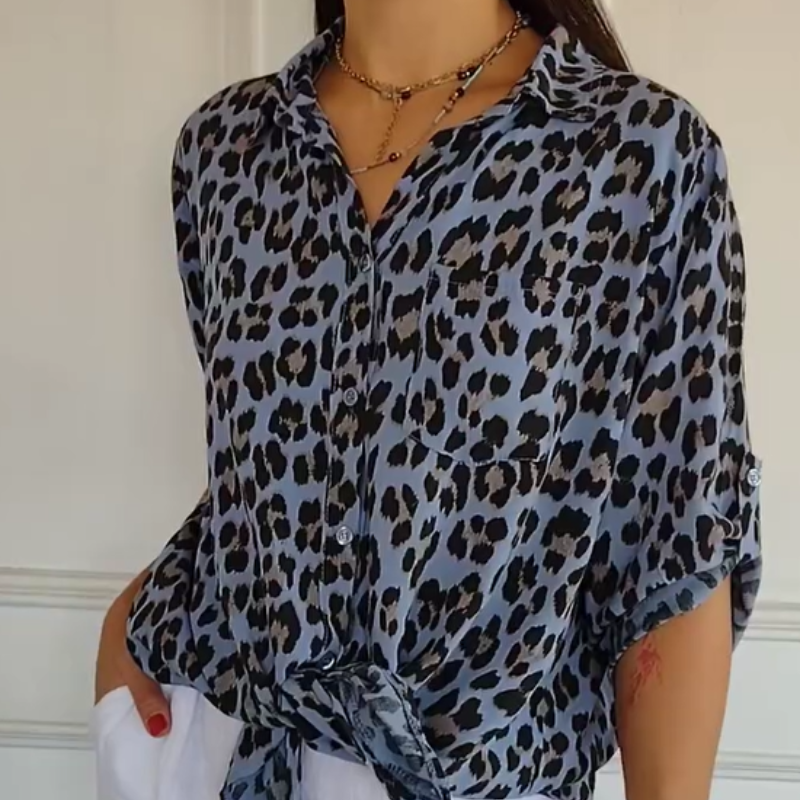 Leopard Print Collared Long Sleeve Button Front Blouse 5