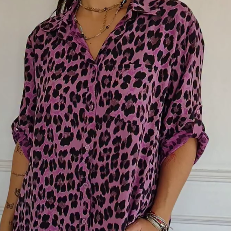 Leopard Print Collared Long Sleeve Button Front Blouse 4