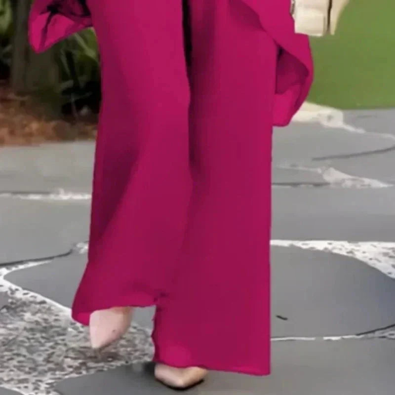 Chiffon Layered Overlay Top and Wide Leg Pants Two Piece Set