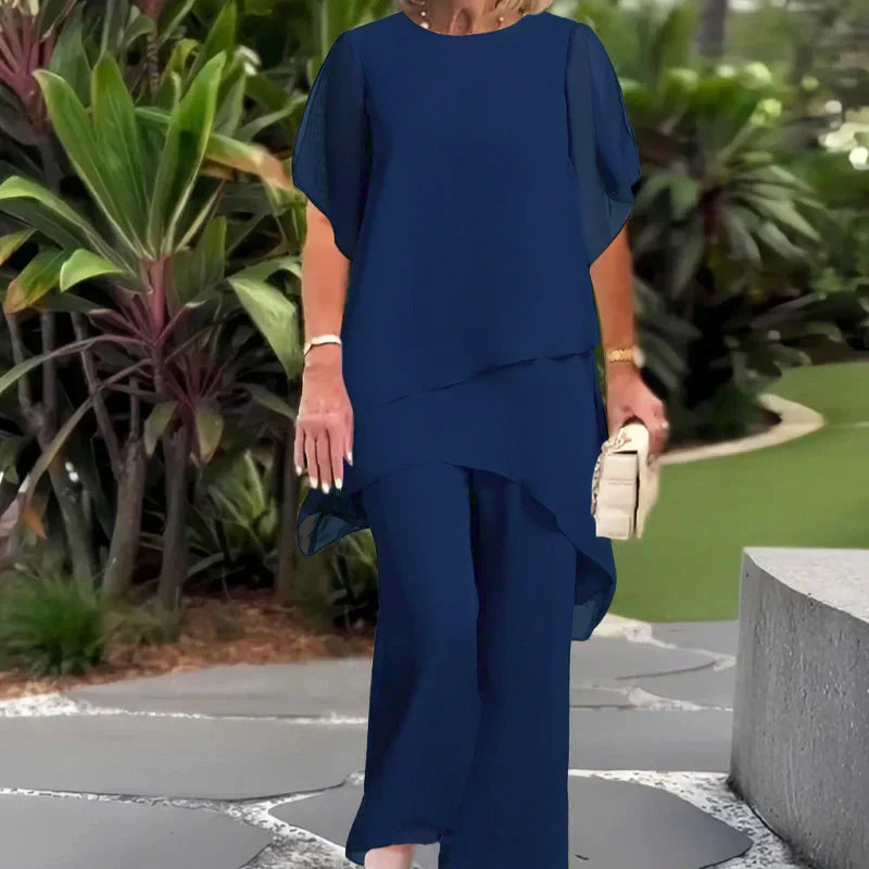 Round Neck Flutter Sleeve Layered Top and Wide Leg Pants Two Piece Set