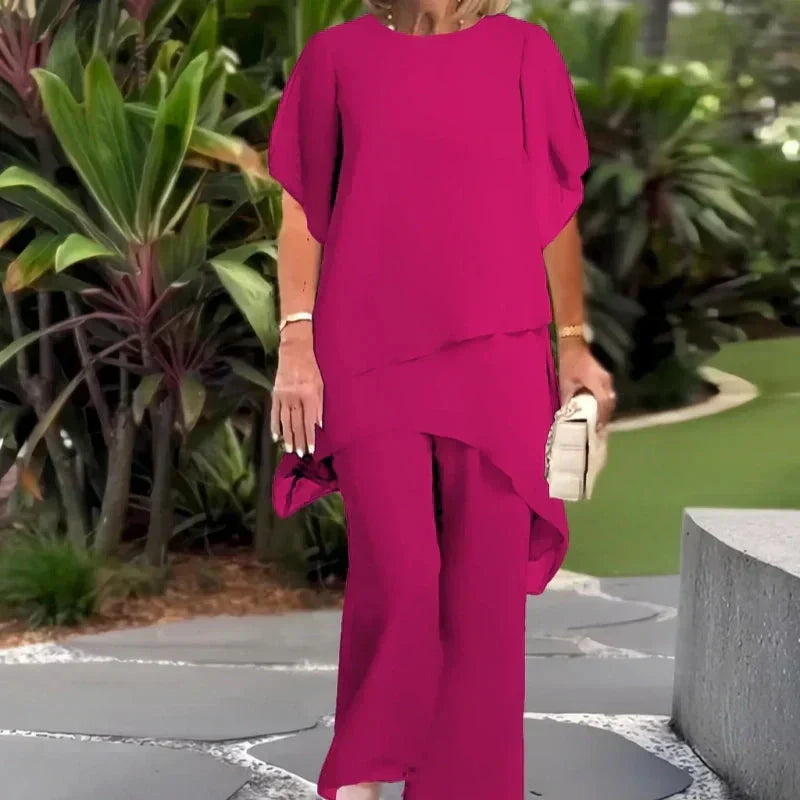 Chiffon Layered Overlay Top and Wide Leg Pants Two Piece Set