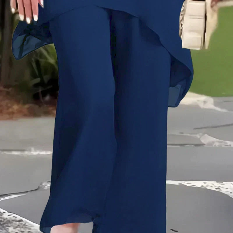 Round Neck Flutter Sleeve Layered Top and Wide Leg Pants Two Piece Set 3