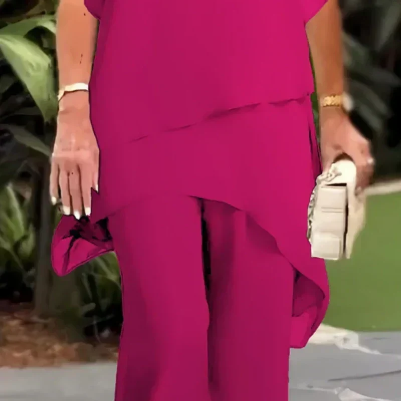 Chiffon Layered Overlay Top and Wide Leg Pants Two Piece Set