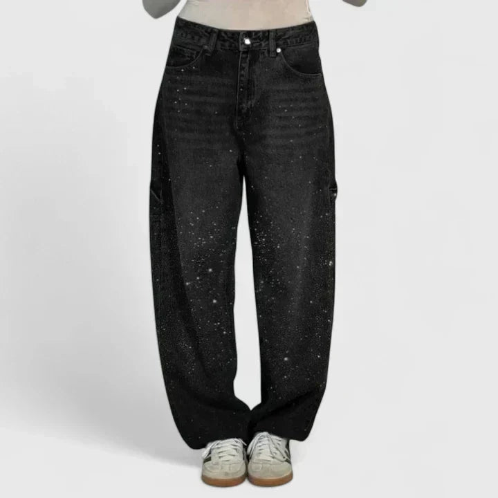 High Waist Splatter Wash Wide Leg Cargo Jeans