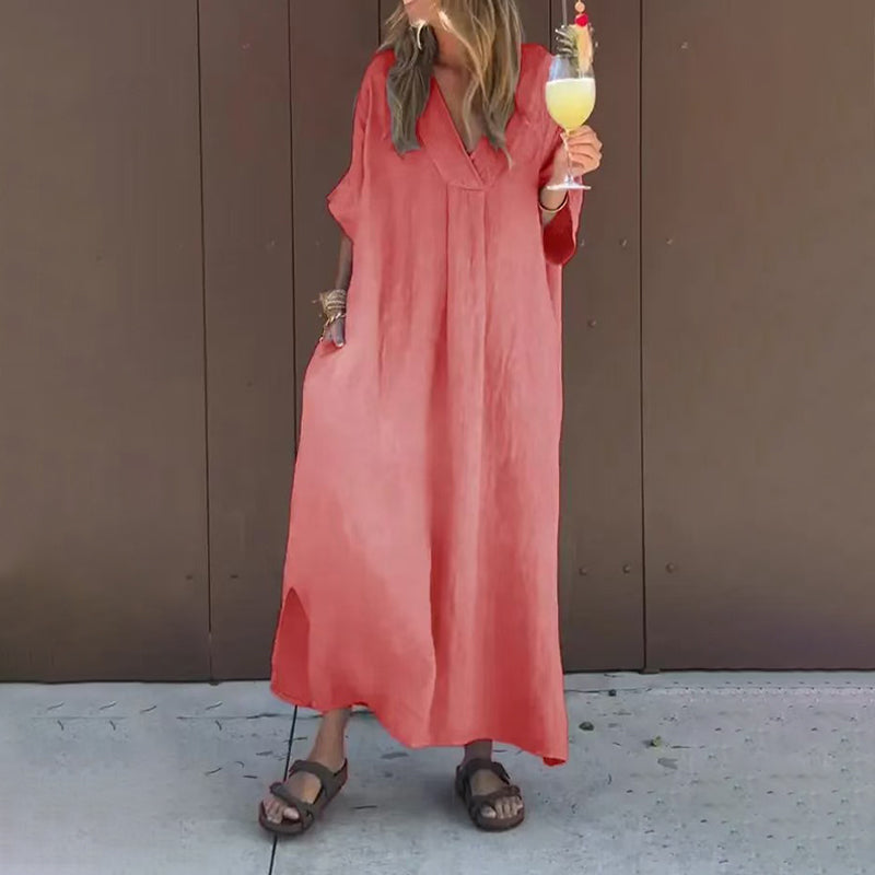 V-Neck Long Sleeve Pocket Flowy Maxi Dress Summer 6