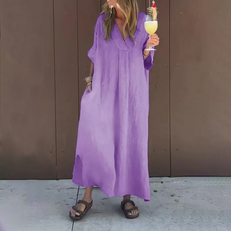 V-Neck Long Sleeve Pocket Flowy Maxi Dress Summer 4