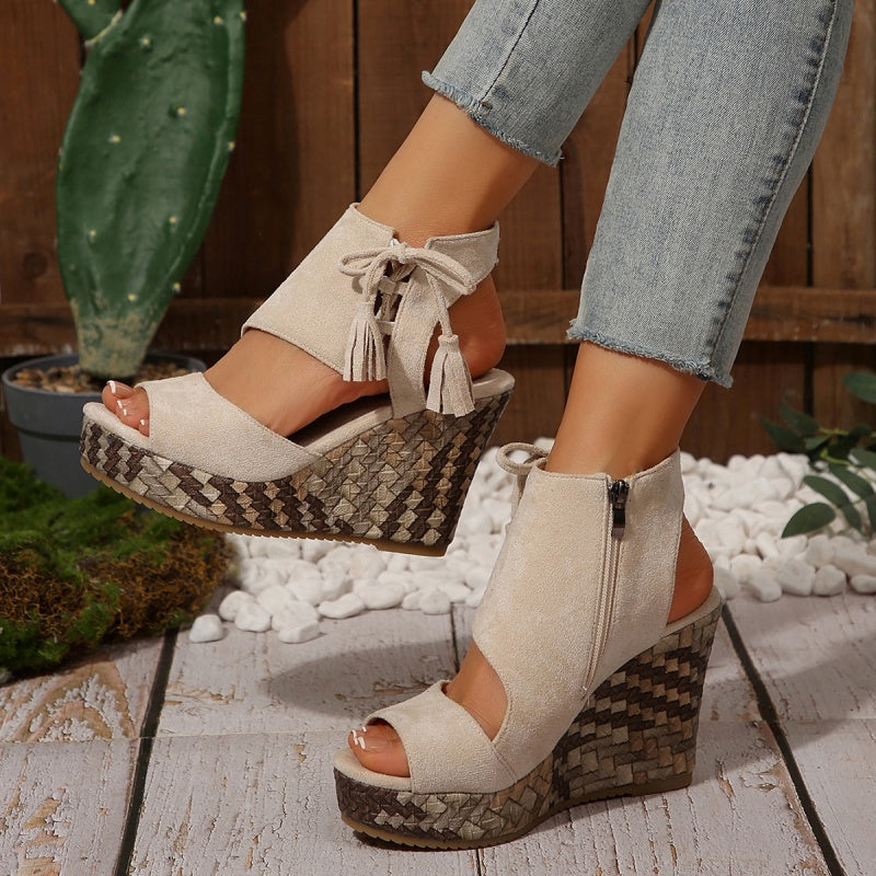 Peep Toe Fringe Platform Wedge Sandals