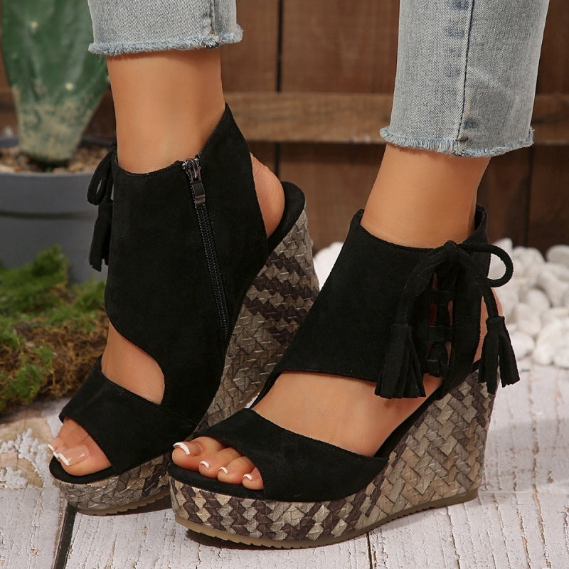 Peep Toe Fringe Platform Wedge Sandals