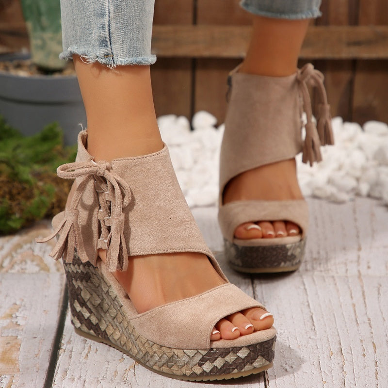Peep Toe Fringe Platform Wedge Sandals