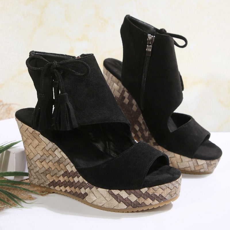 Peep Toe Fringe Platform Wedge Sandals