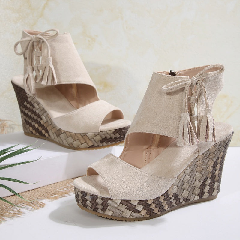 Peep Toe Fringe Platform Wedge Sandals