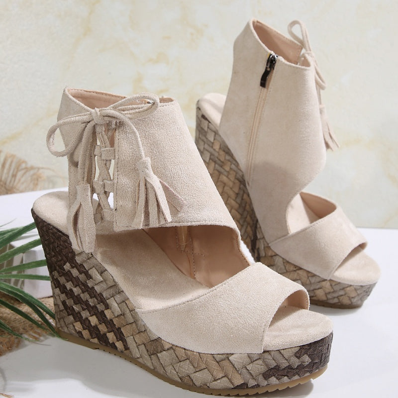 Peep Toe Fringe Platform Wedge Sandals
