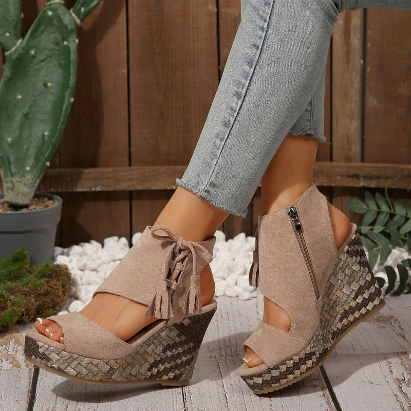 Peep Toe Fringe Platform Wedge Sandals