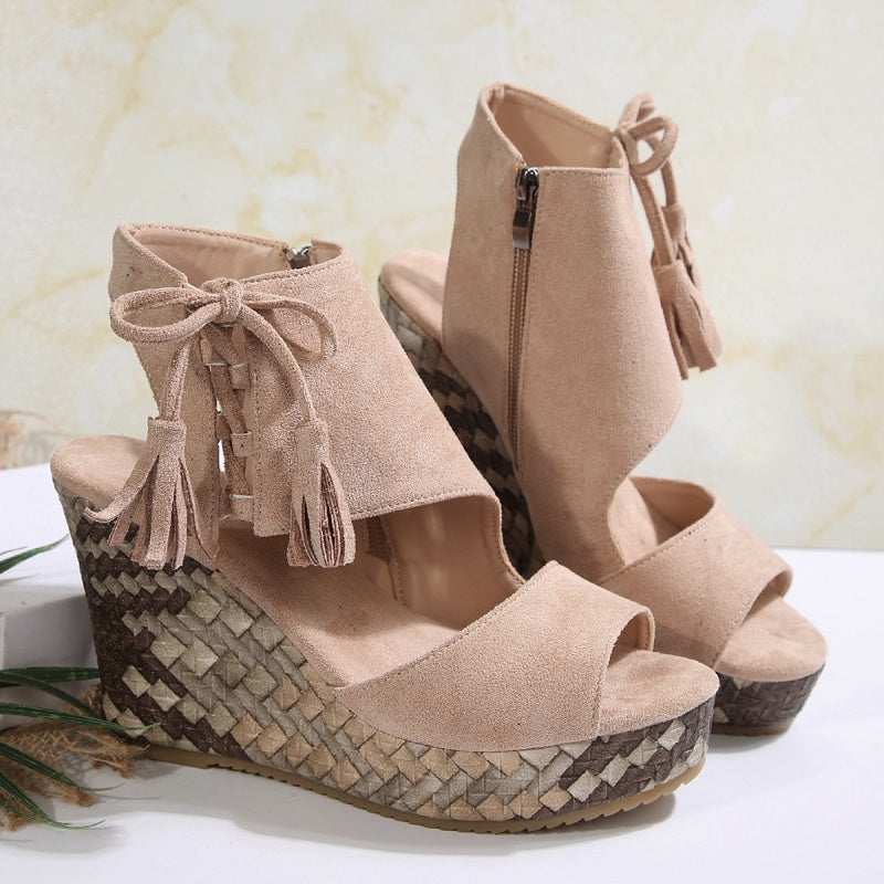 Peep Toe Fringe Platform Wedge Sandals
