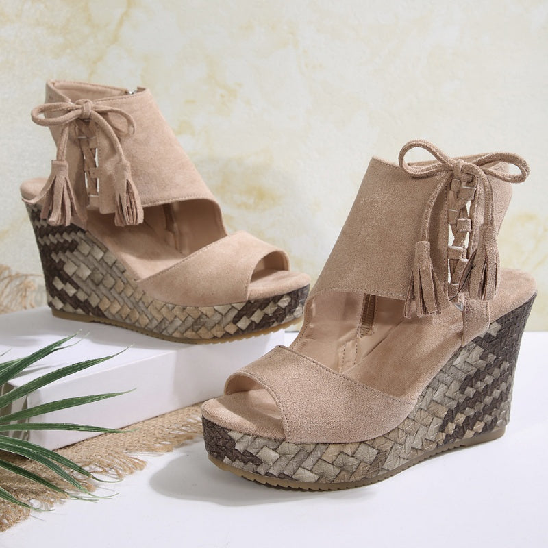 Peep Toe Fringe Platform Wedge Sandals