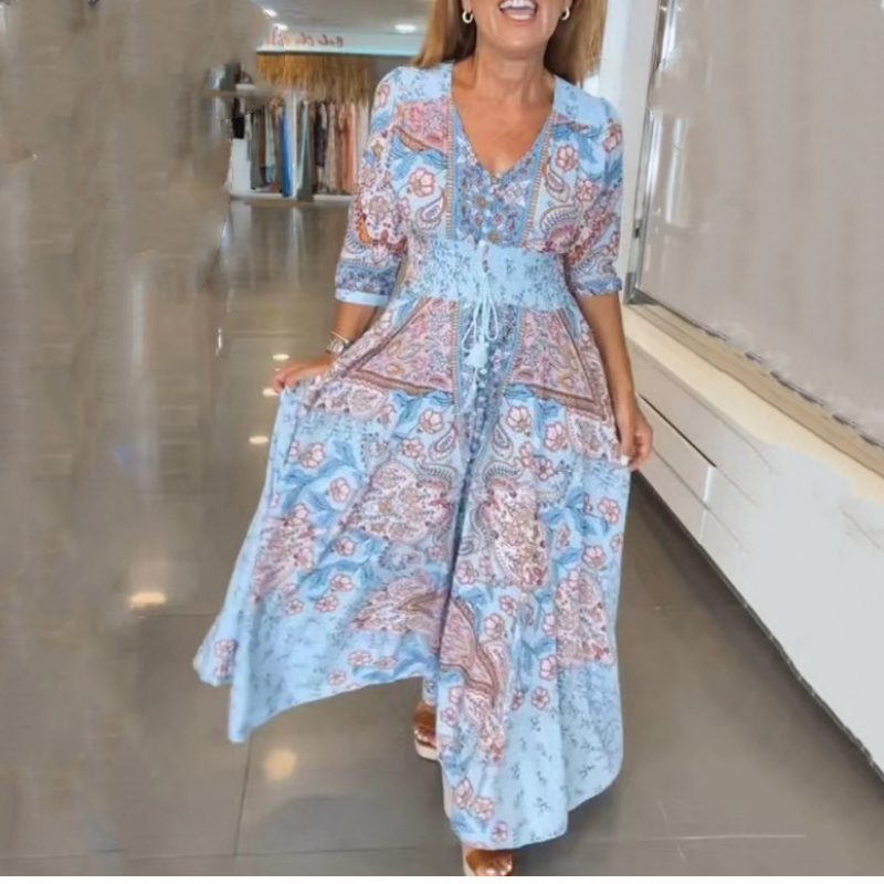 Paisley Print V-Neck Short Sleeve Smocked Waist Maxi Dress