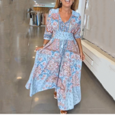 Paisley Print V-Neck Short Sleeve Smocked Waist Maxi Dress
