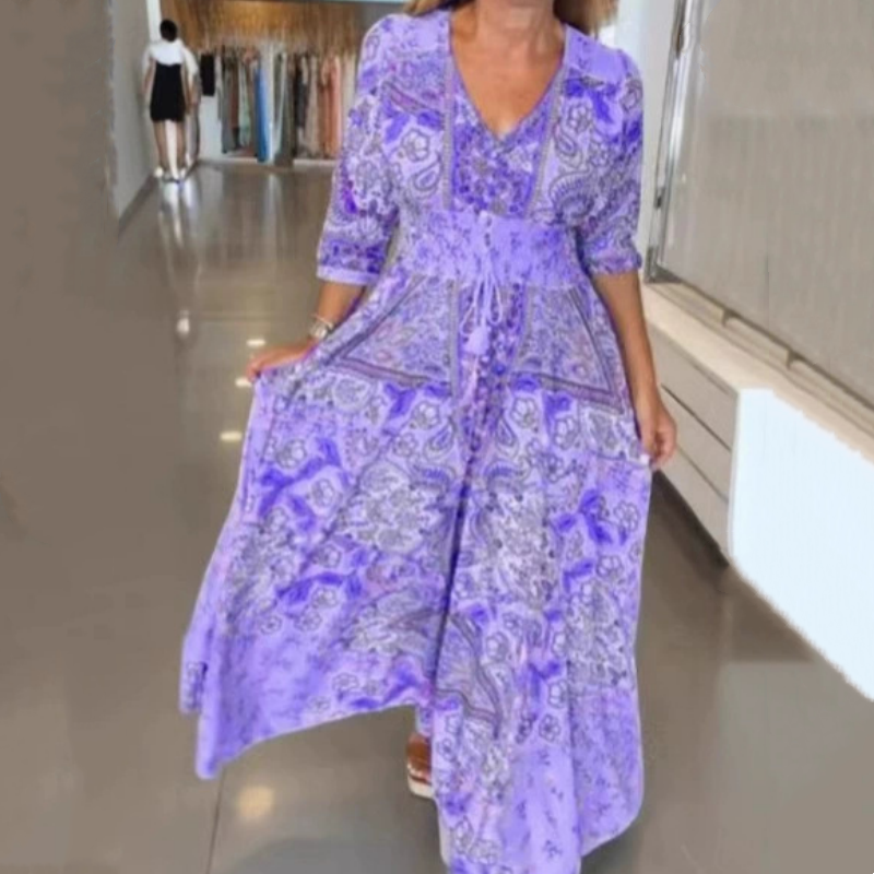 Paisley Print V-Neck Short Sleeve Smocked Waist Maxi Dress 15