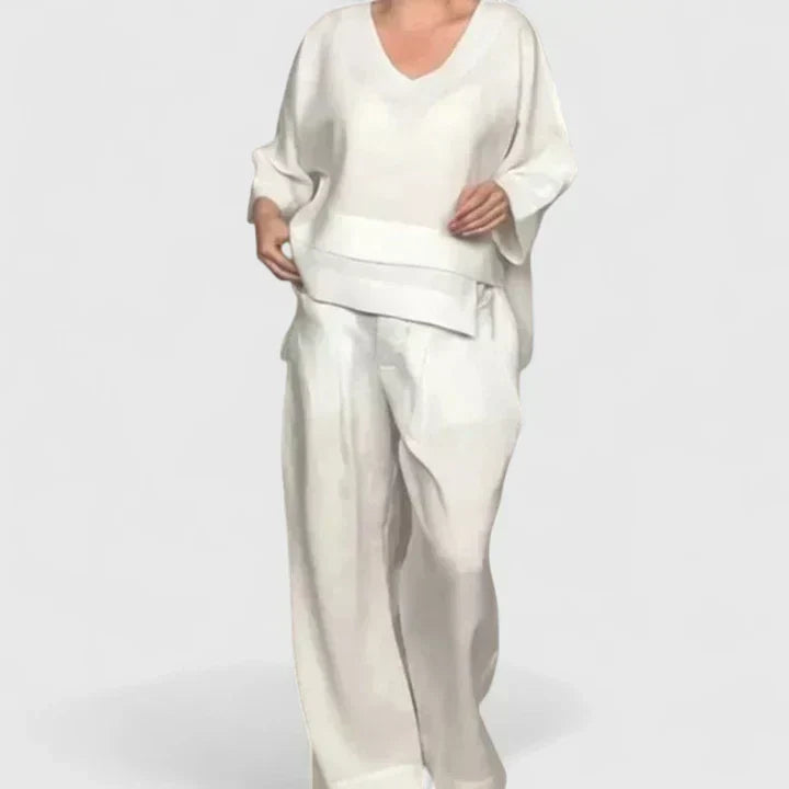V-Neck Layered Top and Wide Leg Pants Two Piece Set