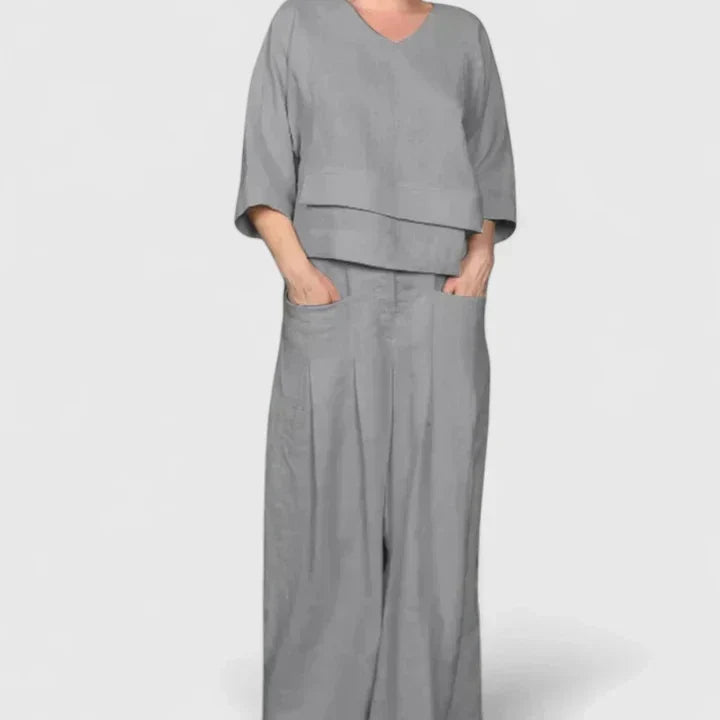 V-Neck Layered Top and Wide Leg Pants Two Piece Set