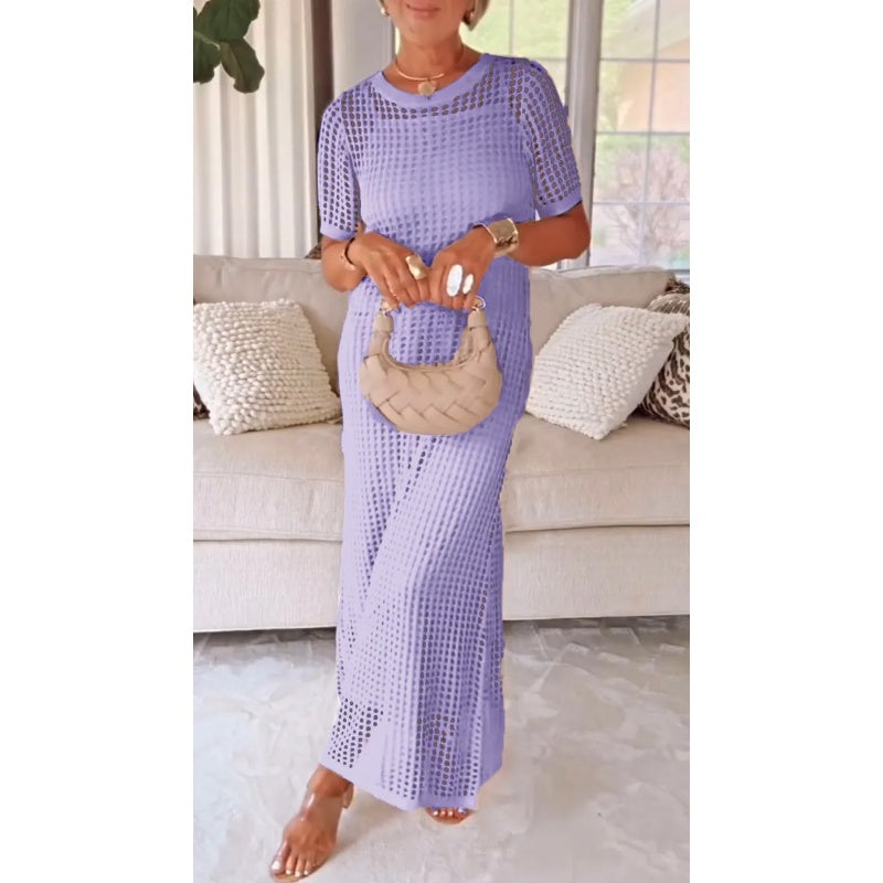 Crochet Knit Short Sleeve Maxi Dress Summer