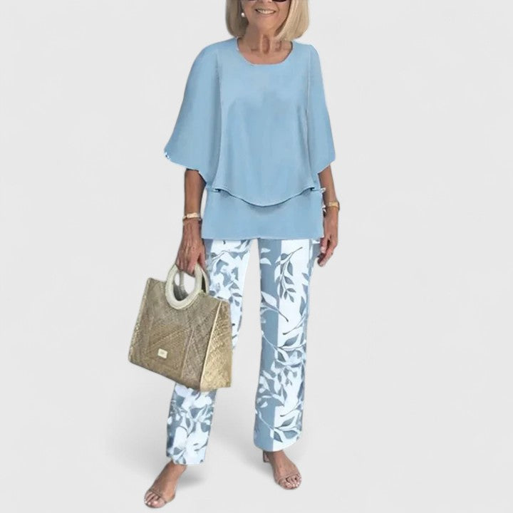 Flutter Sleeve Overlay Top and Leaf Print Pants Two Piece Set