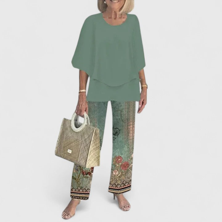 Flutter Sleeve Overlay Top and Leaf Print Pants Two Piece Set