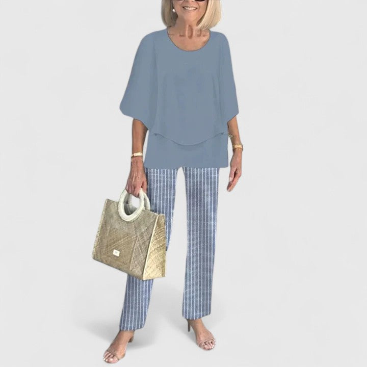 Flutter Sleeve Overlay Top and Leaf Print Pants Two Piece Set