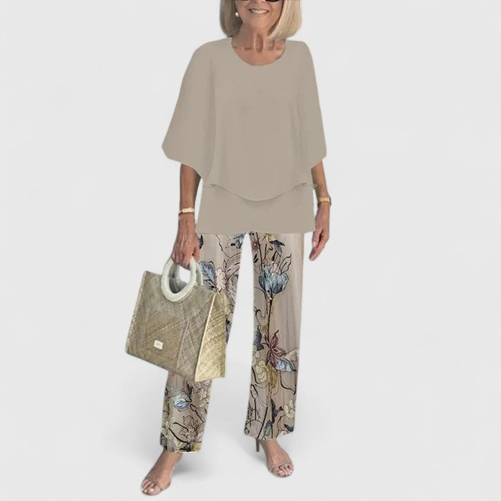 Flutter Sleeve Overlay Top and Leaf Print Pants Two Piece Set
