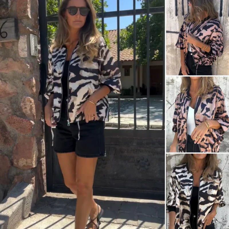Animal Print Zip Front Bomber Jacket