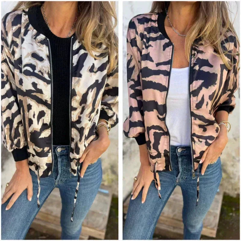Animal Print Zip Front Bomber Jacket
