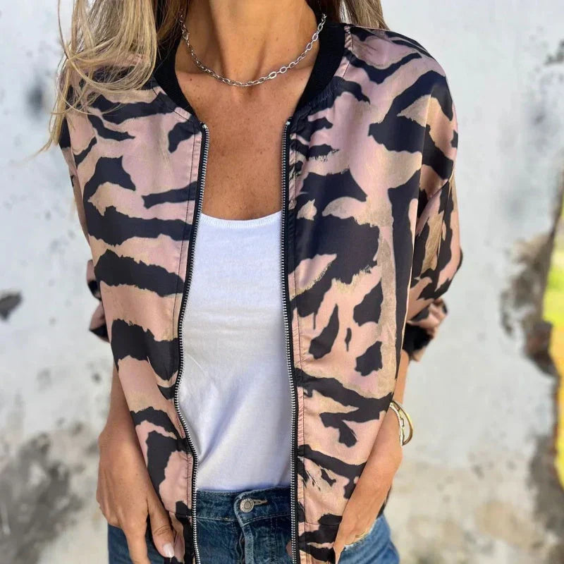 Animal Print Zip Front Bomber Jacket