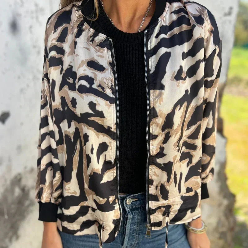 Animal Print Zip Front Bomber Jacket