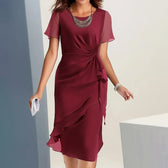 Chiffon Round Neck Short Sleeve Ruched Ruffle Midi Dress