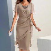 Chiffon Round Neck Short Sleeve Ruched Ruffle Midi Dress 7