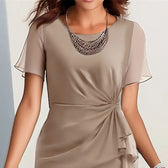 Chiffon Round Neck Short Sleeve Ruched Ruffle Midi Dress 8