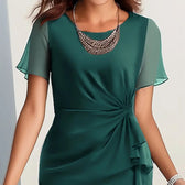 Chiffon Round Neck Short Sleeve Ruched Ruffle Midi Dress 11