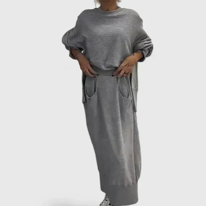 Crew Neck Sweatshirt and Pocket Midi Skirt Two Piece Set