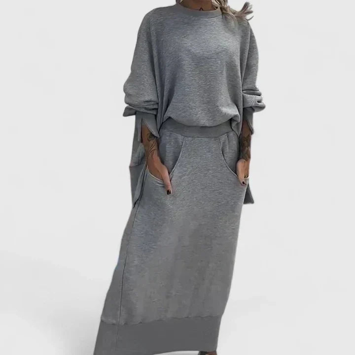 Crew Neck Sweatshirt and Pocket Midi Skirt Two Piece Set