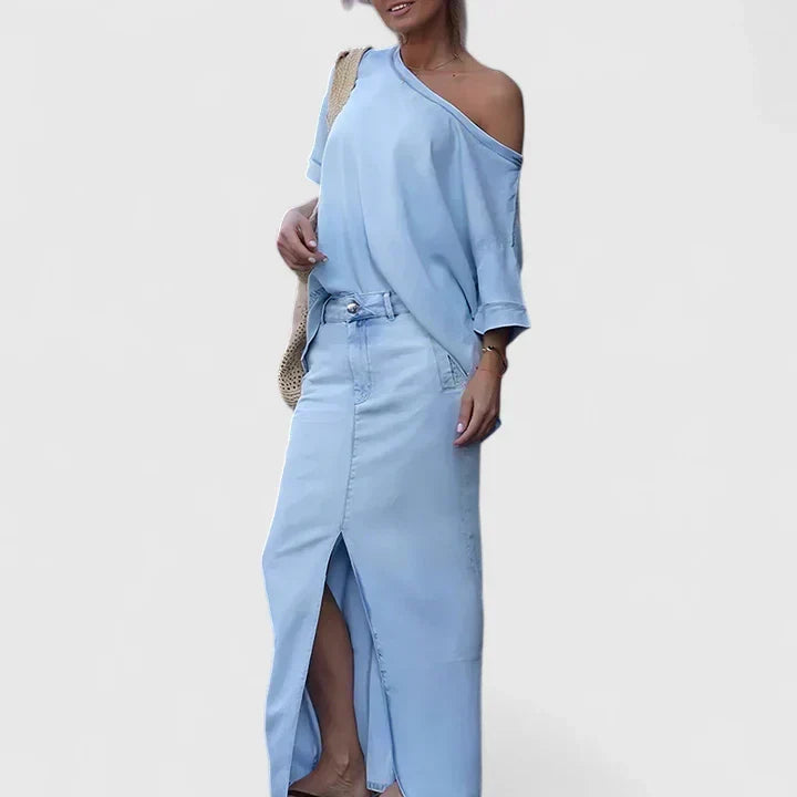 High Waist Front Slit Denim Maxi Skirt