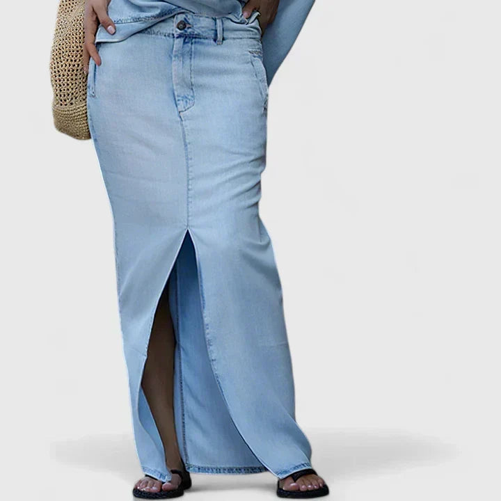 High Waist Front Slit Denim Maxi Skirt