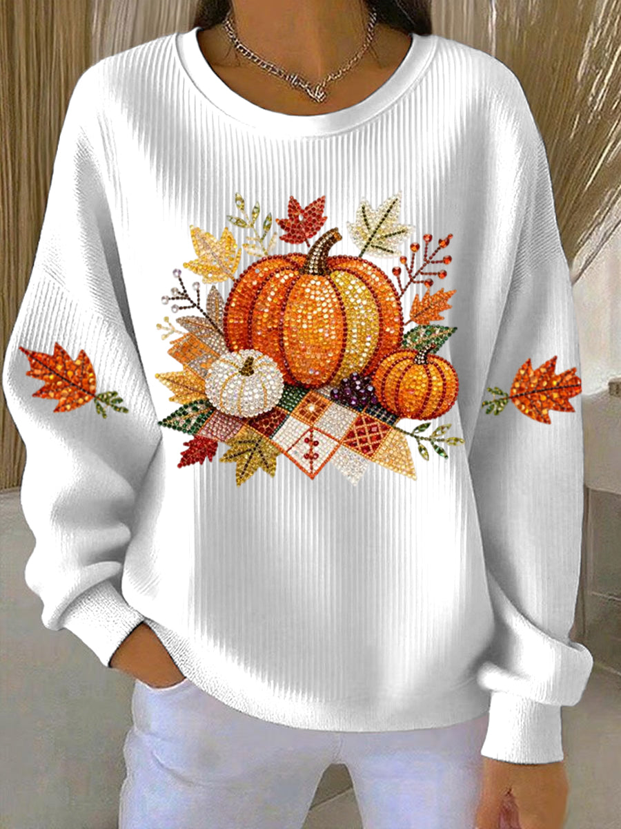 Pumpkin Graphic Ribbed Crew Neck Sweatshirt