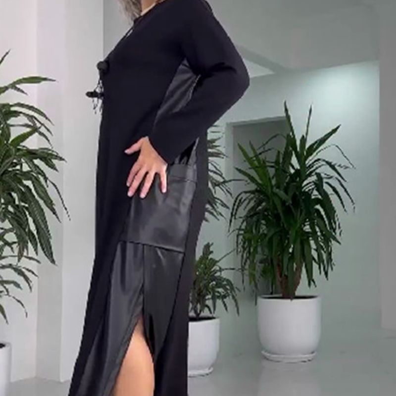 Long Sleeve Faux Leather Patchwork High Split Maxi Dress