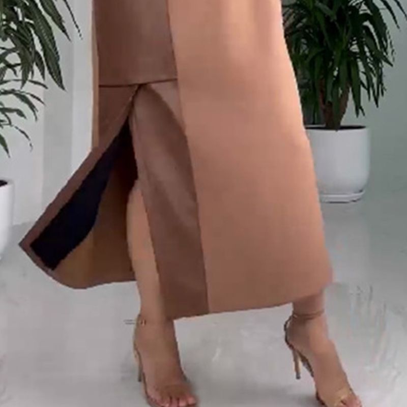 Long Sleeve Faux Leather Patchwork High Split Maxi Dress 2