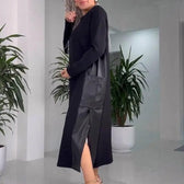 Long Sleeve Faux Leather Patchwork High Split Maxi Dress 5