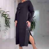 Long Sleeve Faux Leather Patchwork High Split Maxi Dress 7