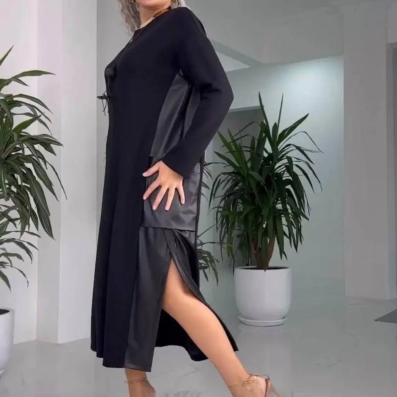 Long Sleeve Faux Leather Patchwork High Split Maxi Dress 12