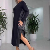 Long Sleeve Faux Leather Patchwork High Split Maxi Dress 12