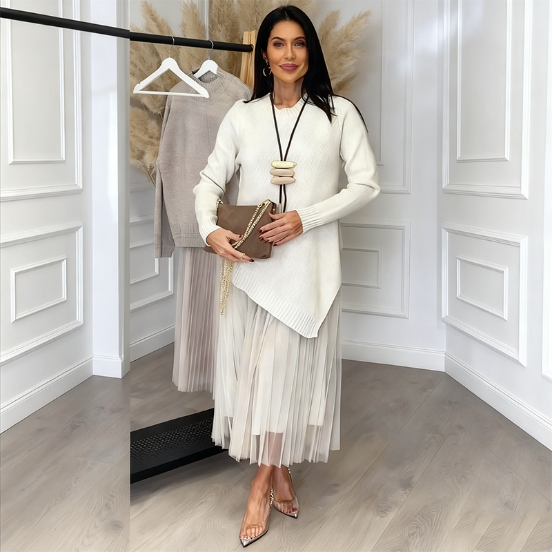 Knit Sweater and Pleated Tulle Midi Two Piece Set